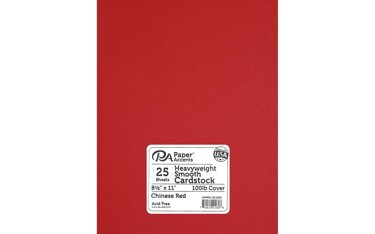 PA Paper Accents Heavyweight Smooth Cardstock 8.5" x 11" Chinese Red, 100lb colored cardstock paper for card making, scrapbooking, printing, quilling and crafts, 25 piece pack